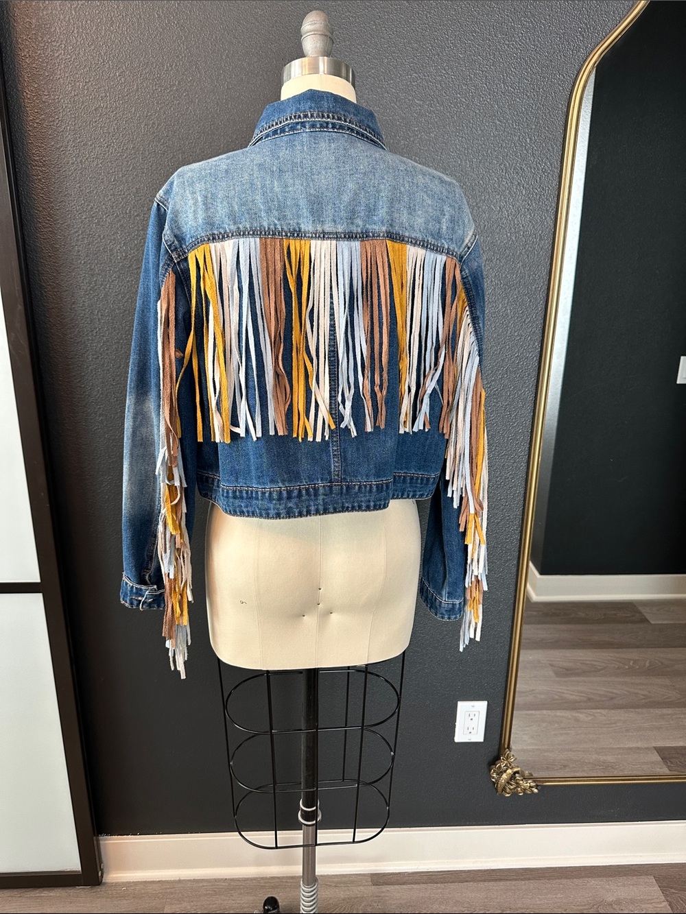 Denim Fringe Cropped Jacket in Blue with Mustard & White Accents western cowboy
